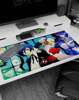Anime mouse pad 40x20 inches featuring Persona 3 with Makoto, Aigis, and SEES team in a vivid grid of blues and shadows.