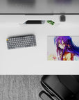 Cool blue-purple anime mouse pad 14x10 inches with soft winter vibes, amber eyes, and calming neon glow.