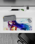 Calming neon sparkle anime girl mouse pad 28x12 inches in glossy blues, purples, and warm amber tones.