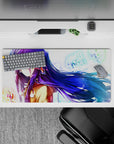 32x16 inches anime desk mouse pad in glossy blues and purples, calm winter vibe with neon sparkle.