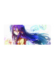 Anime girl mouse pad 28x12 inches with violet hair, tan coat, neon graffiti text, and icy light splashes.