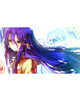 Anime girl desk pad 40x20 inches with violet hair, tan coat, neon graffiti letters and icy light splashes.