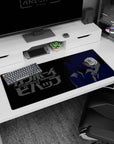 Artistic 36x16 inches mouse pad featuring Spike Spiegel, navy blues and crimson streak for a legendary, shadowed final stand.