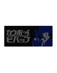 Mouse pad featuring Spike Spiegel, 28x12 inches, with a crimson streak and navy blues for a dark, cinematic tribute.