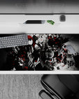 36x16 inches anime desk pad in smoky grayscale with crimson splashes, dark sharp mood and mechanical sigils.