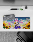 28x12 inches anime girl mouse pad in violet, candy pink, and golden yellow, bright summer postcard vibe.