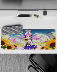 32x12 inches anime girl mouse pad in violet, candy pink, and golden yellow; bright summer postcard vibe.
