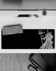 32x12 inches desk mat in black and silver-white tones, calm dark Naruto-style vibe with glossy orbs.