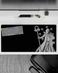 Dark black background anime mouse pad 32x16 inches, silver-white cloak glow and calm ominous vibe.