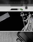 Black background desk pad 40x20 inches with silver-white cloak highlights and calm, ominous vibe.