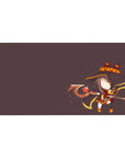 Chibi Megumin from Konosuba anime desk pad, 40x20 inches, features bold reds and fire-tipped hat on a chocolate brown backdrop.