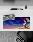 28x12 inches mouse pad in dreamy violet-to-blue night hues, tiny stars, and warm golden confetti leaves.
