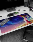 Touhou Kazami Yuuka anime desk pad 40x20 inches, green hair under crimson parasol with drifting petals.