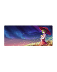 28x12 inches anime girl mouse pad with parasol, swirling petals, starry gradient sky, and golden leaves.