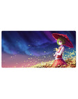 32x16 inches anime girl mouse pad with green-haired girl under crimson parasol, petals and golden leaves.