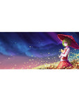 36x16 inches anime girl desk pad with green-haired parasol heroine, petals and golden leaves, starry sky.