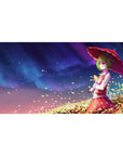 Anime girl desk pad 40x20 inches with parasol, swirling petals, and starry twilight sky design.