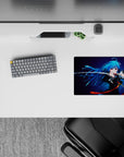 Midnight-to-neon blue anime girl mouse pad 14x10 inches with orange ribbon accents, dramatic clean vibe.