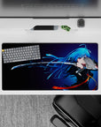Neon blue and midnight gradient anime girl mouse pad 32x16 inches with orange ribbon accents, dramatic feel.