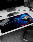 Blue-haired swordswoman anime girl desk pad 40x20 inches, katana drawn with motion lines and sparks.