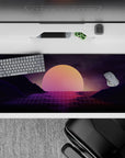 Striking 36x16 desk pad highlights twilight hues and dark mountains with intricate grid details