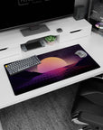 Retro-futuristic design on 32x16 desk mat brings Twilight Grid Horizon's calming aesthetic to life vividly