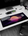 Digital sunset artwork on 36x16 desk mat captures the harmony of nature and technology in stunning fashion