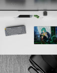 Mint green and electric blue anime mouse pad 14x10 inches with soft neon glow and cozy night vibe.