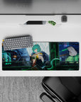 Mint green and electric blue neon anime desk mat 32x12 inches with cozy late-night city vibes and reflections.