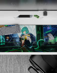 Mint green and electric blue neon rain vibe anime desk pad with soft reflections, 36x16 inches.