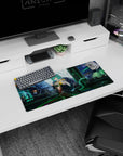 Teal-haired catgirl in rainy cyberpunk alley with reflections and ramen signage mouse pad, 28x12 inches.