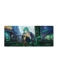 Cyberpunk Tokyo street anime girl mouse pad, neon ramen signs and catgirl peace sign, 28x12 inches.