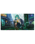 Cyberpunk anime girl mouse pad 32x16 inches with neon ramen signs and teal-haired catgirl peace sign.