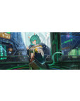 Cyberpunk anime girl desk pad with teal-haired catgirl, ramen signs, and neon street glow, 36x16 inches.