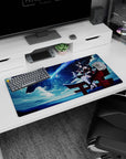 32x16 inches Ahri mouse pad, fox tail curled as she sits on a shrine torii in midnight calm.