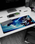 36x16 inches Ahri desk pad, tail curled as she sits on a shrine torii gate beneath sparkling stars.