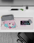 32x12 inches desk mat in soft pastels with candy-pink hair, aqua tips, and vivid violet eyes, cute chaos vibe.