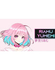 Anime girl desk pad 40x20 inches with pastel backdrop, candy-pink hair, aqua tips, and RIAMU nameplate.