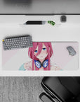32x12 inches kawaii desk mat in soft blush and pale pink stripes, cozy teasing anime vibe.