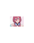 Classic anime girl mouse pad 14x10 inches with blue-eyed pink-haired girl and navy headphones.