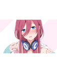 Anime girl desk pad 40x20 inches with pink-haired character, blue eyes, striped pink background, headphones.