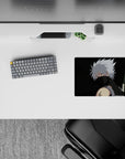 Anime mouse pad 14x10 inches in smoky blacks and deep greens, red eye glow, chill yet fierce vibe.