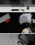 Dark smoky black and deep green anime desk pad 40x20 inches with red eye glow, chill fierce mood.