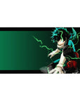 Desk pad featuring Deku, 40x20 inches, showcasing the electric energy of One For All with green lightning in a dynamic design.