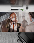 Warm glowing anime desk pad 40x20 inches with chestnut hair, blue eyes, and soft blurred classmates.