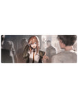 32x12 inches anime girl mouse pad with school hallway scene, salute pose, tie and jacket, blurred classmates.