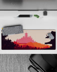 Serene 32x12 mouse pad featuring a peaceful temple silhouette and warm sunset colors for a calming and beautiful workspace experience
