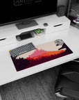 Serene 28x12 mouse pad featuring a silhouette of a temple and peaceful sunset hues for an Eastern-inspired, tranquil workspace