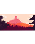 Sunset 36x16 desk pad with warm orange and pink tones, creating a tranquil silhouette of a temple and landscape for a calming atmosphere