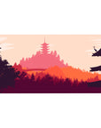 Sunset 40x20 desk pad featuring warm orange and pink tones with a peaceful silhouette of a temple and landscape for a tranquil, Eastern-inspired design